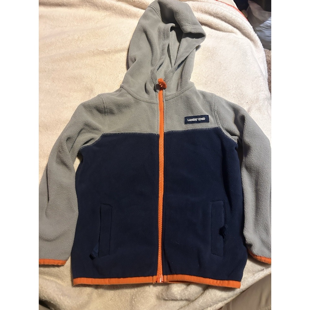 Boys Size 4T Lands End Zip-Up Hooded Jacket Sweatshirt Blue Grey Pockets
